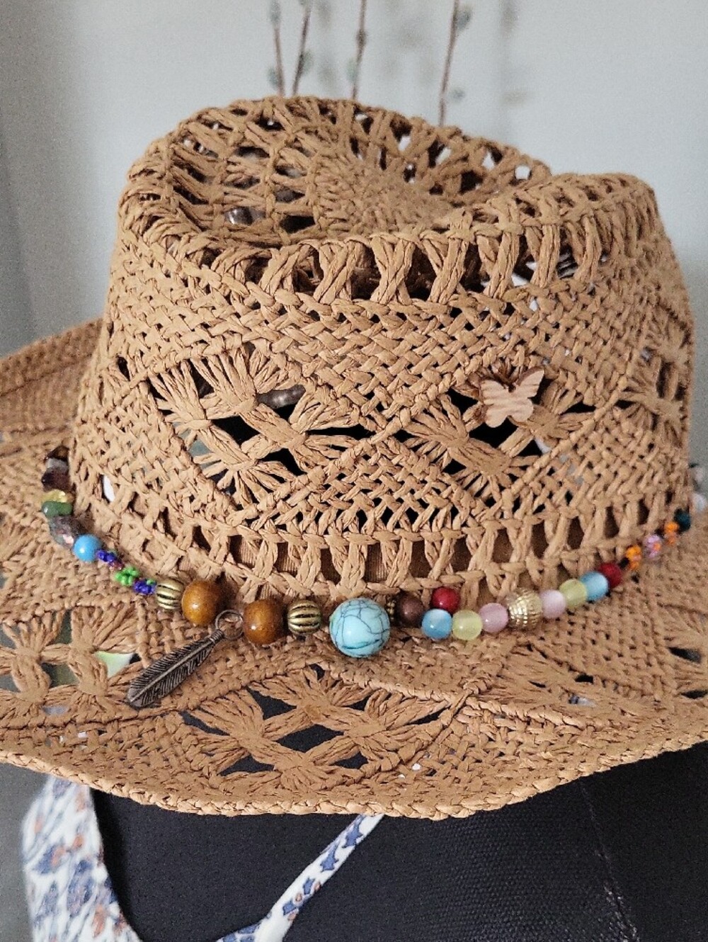 Western Cowgirl Straw Sun Hat with Beaded Accent - Tan - Picture 5 of 14
